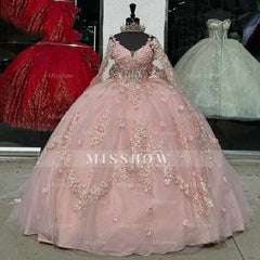 Misshow Ball Gown Off-Shoulder Long Sleeve 3D Floral Lace Applique Beaded Pink Tulle Quinceanera Dress Princess Evening Gown for Sweet 16 & Special Occasions