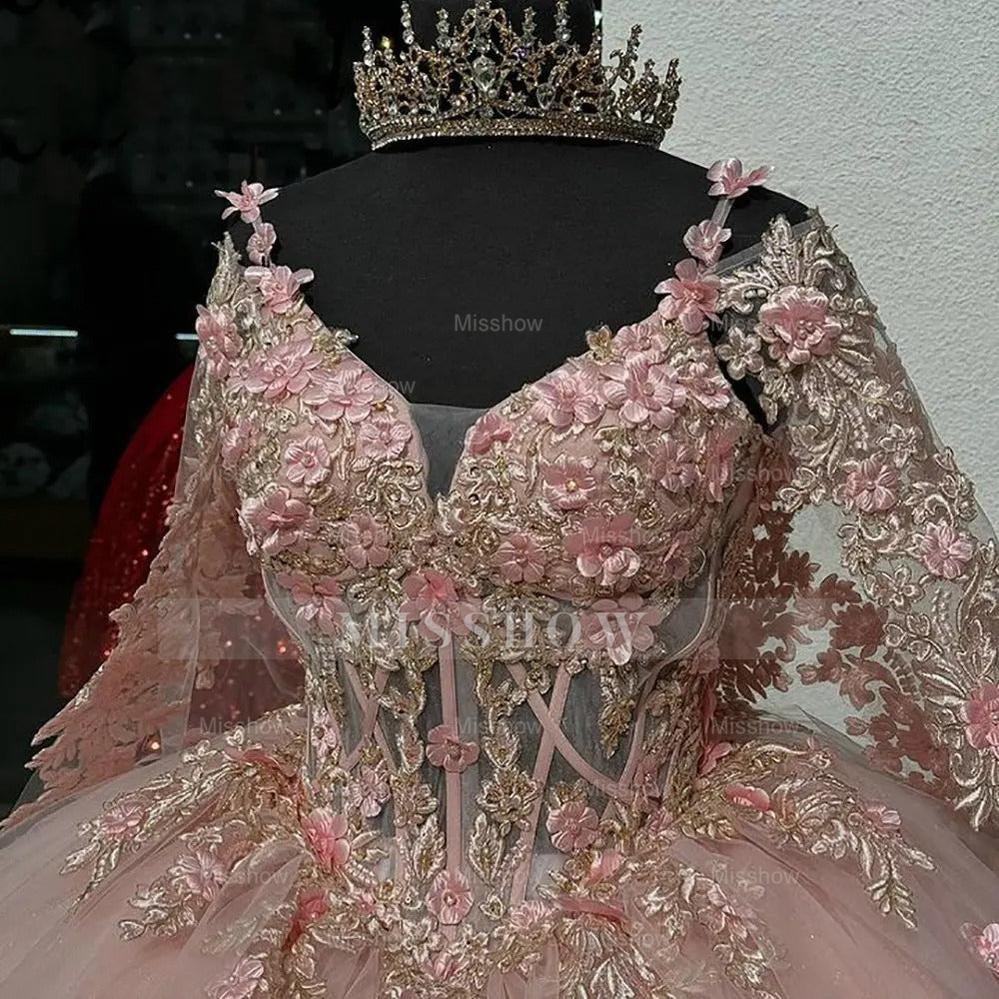 Misshow Ball Gown Off-Shoulder Long Sleeve 3D Floral Lace Applique Beaded Pink Tulle Quinceanera Dress Princess Evening Gown for Sweet 16 & Special Occasions