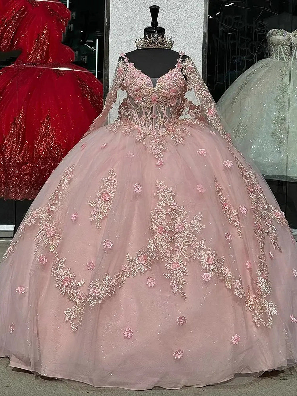 Misshow Ball Gown Off-Shoulder Long Sleeve 3D Floral Lace Applique Beaded Pink Tulle Quinceanera Dress Princess Evening Gown for Sweet 16 & Special Occasions
