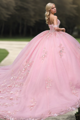 Misshow Ball Gown Off-Shoulder Sleeveless Beaded Sequins Pink Tulle Quinceanera Dress for Sweet 16 & Birthday Parties