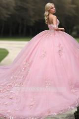 Misshow Ball Gown Off-Shoulder Sleeveless Beaded Sequins Pink Tulle Quinceanera Dress for Sweet 16 & Birthday Parties