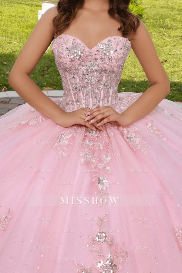 Misshow Ball Gown Off-Shoulder Sleeveless Beaded Sequins Pink Tulle Quinceanera Dress for Sweet 16 & Birthday Parties