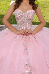 Misshow Ball Gown Off-Shoulder Sleeveless Beaded Sequins Pink Tulle Quinceanera Dress for Sweet 16 & Birthday Parties
