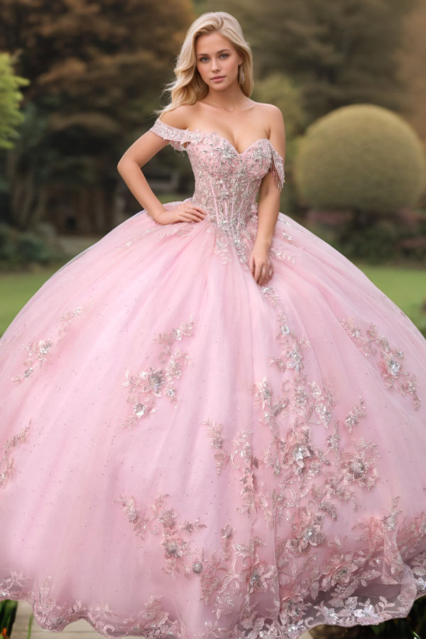 Misshow Ball Gown Off-Shoulder Sleeveless Beaded Sequins Pink Tulle Quinceanera Dress for Sweet 16 & Birthday Parties
