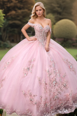 Misshow Ball Gown Off-Shoulder Sleeveless Beaded Sequins Pink Tulle Quinceanera Dress for Sweet 16 & Birthday Parties