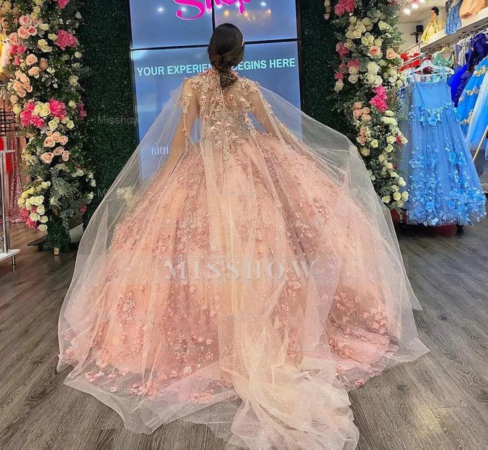 Misshow Ball Gown Strapless Cape Dress 3D Floral Appliques & Beaded Details in Rose Pink Tulle for Quinceanera or Sweet 16