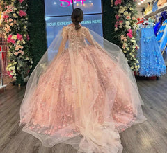 Misshow Ball Gown Strapless Cape Dress 3D Floral Appliques & Beaded Details in Rose Pink Tulle for Quinceanera or Sweet 16