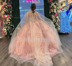 Misshow Ball Gown Strapless Cape Dress 3D Floral Appliques & Beaded Details in Rose Pink Tulle for Quinceanera or Sweet 16