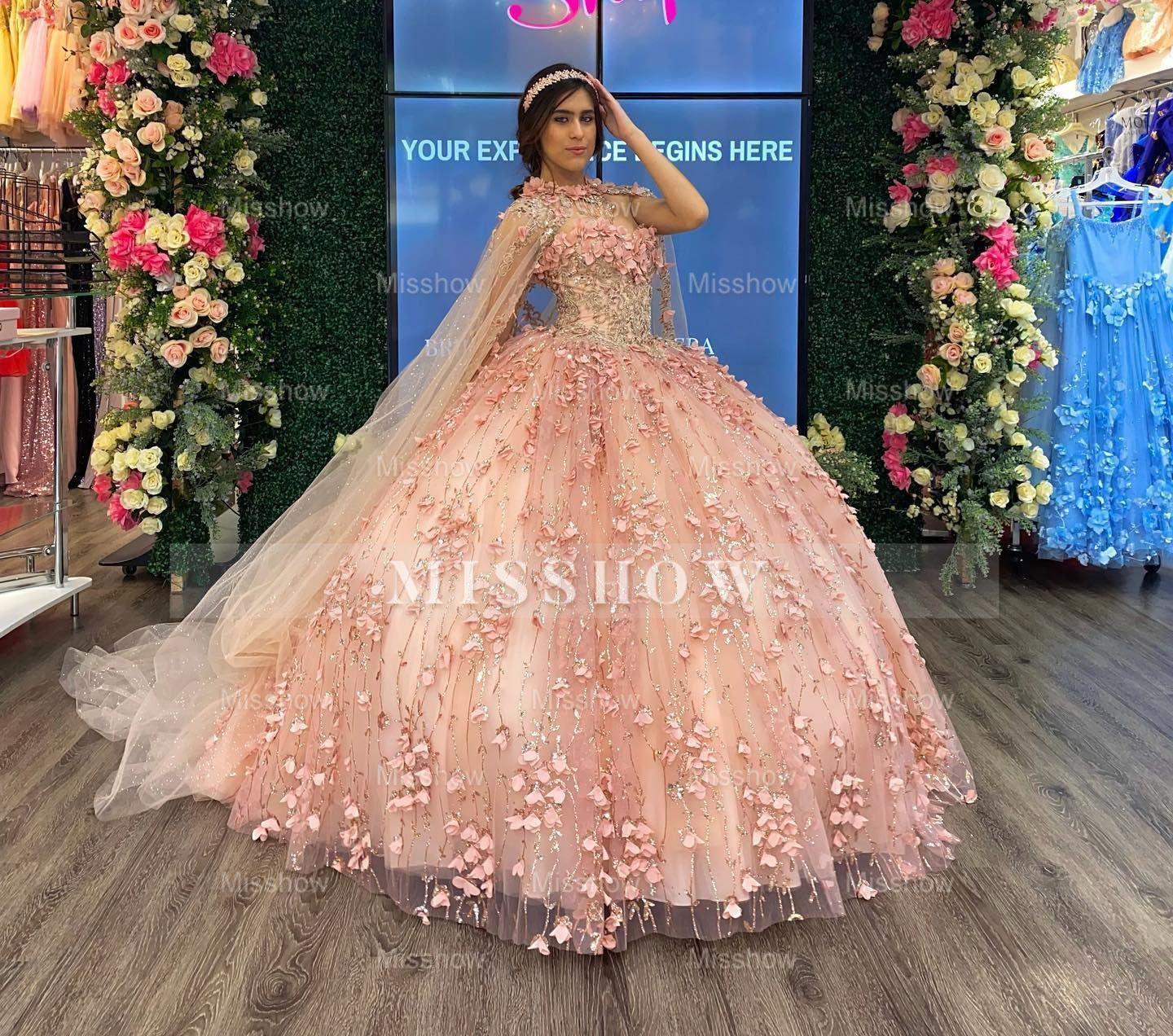 Misshow Ball Gown Strapless Cape Dress 3D Floral Appliques & Beaded Details in Rose Pink Tulle for Quinceanera or Sweet 16