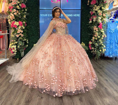 Misshow Ball Gown Strapless Cape Dress 3D Floral Appliques & Beaded Details in Rose Pink Tulle for Quinceanera or Sweet 16