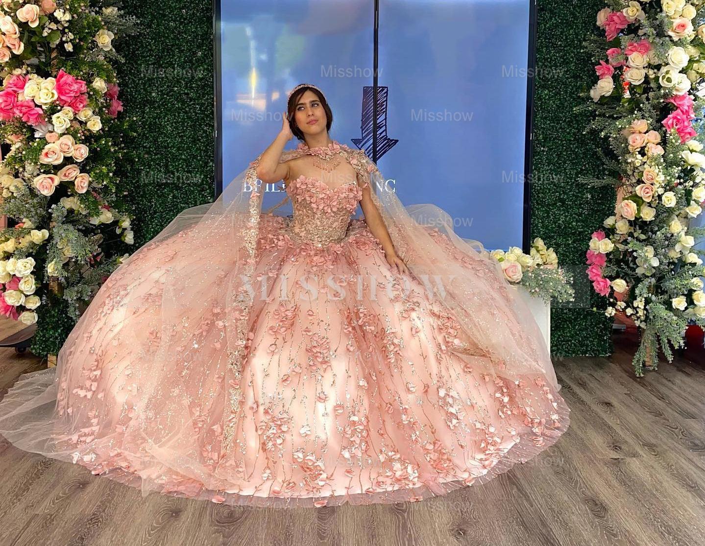 Misshow Ball Gown Strapless Cape Dress 3D Floral Appliques & Beaded Details in Rose Pink Tulle for Quinceanera or Sweet 16