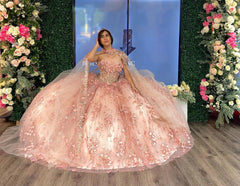 Misshow Ball Gown Strapless Cape Dress 3D Floral Appliques & Beaded Details in Rose Pink Tulle for Quinceanera or Sweet 16