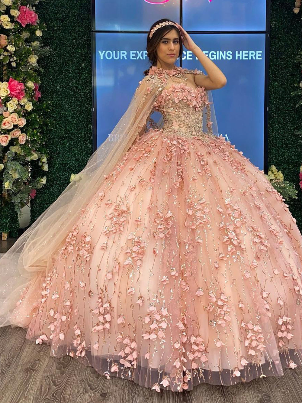 Misshow Ball Gown Strapless Cape Dress 3D Floral Appliques & Beaded Details in Rose Pink Tulle for Quinceanera or Sweet 16