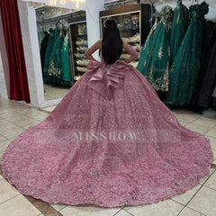 Misshow Ball Gown with Detachable Sleeves Sequined & Beaded Dusty Pink Tulle Princess Dress for Quinceanera & Sweet 16