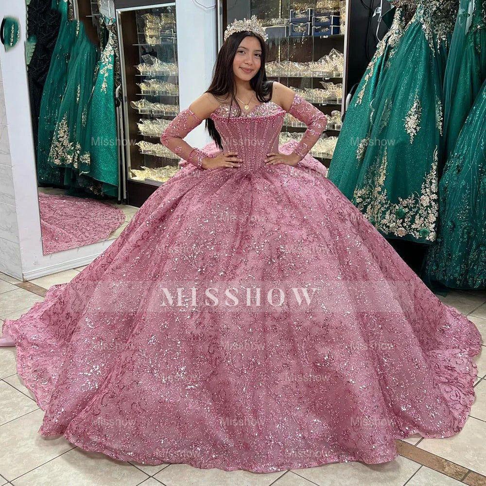 Misshow Ball Gown with Detachable Sleeves Sequined & Beaded Dusty Pink Tulle Princess Dress for Quinceanera & Sweet 16