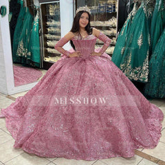Misshow Ball Gown with Detachable Sleeves Sequined & Beaded Dusty Pink Tulle Princess Dress for Quinceanera & Sweet 16