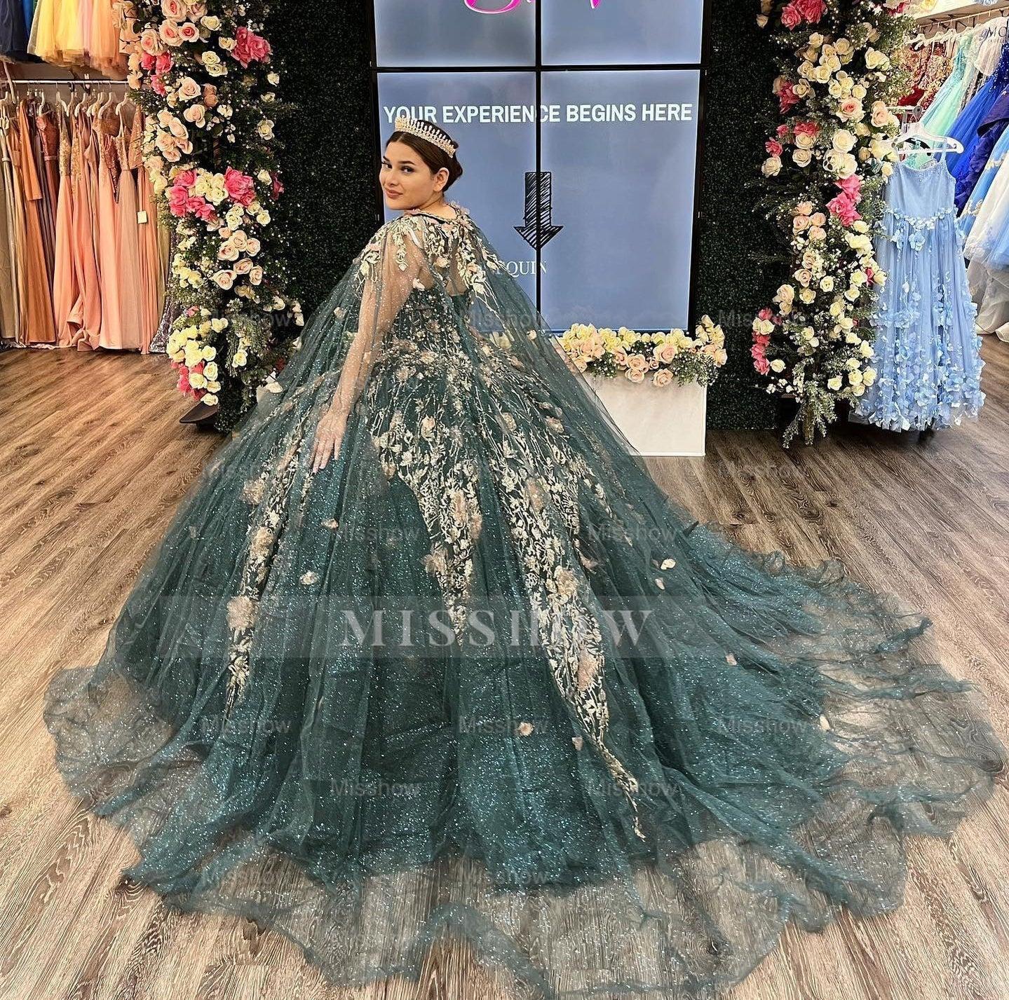 Misshow Ball Gown with Floral Lace Appliques Round Neck Sleeveless Tulle Evening Dress for Quinceanera & Sweet 16