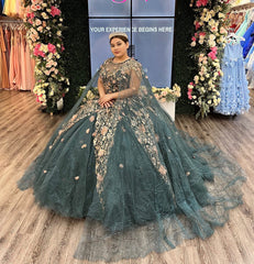 Misshow Ball Gown with Floral Lace Appliques Round Neck Sleeveless Tulle Evening Dress for Quinceanera & Sweet 16