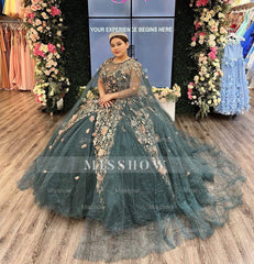 Misshow Ball Gown with Floral Lace Appliques Round Neck Sleeveless Tulle Evening Dress for Quinceanera & Sweet 16