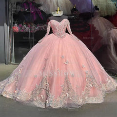Misshow Ball Gown with Off-Shoulder Long Sleeves & 3D Butterfly Appliques Pink Tulle Quinceanera Dress for Sweet 16