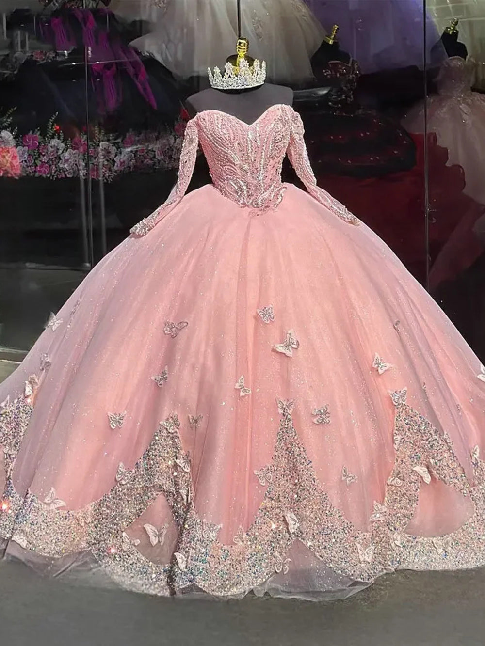 Misshow Ball Gown with Off-Shoulder Long Sleeves & 3D Butterfly Appliques Pink Tulle Quinceanera Dress for Sweet 16