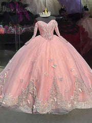 Misshow Ball Gown with Off-Shoulder Long Sleeves & 3D Butterfly Appliques Pink Tulle Quinceanera Dress for Sweet 16