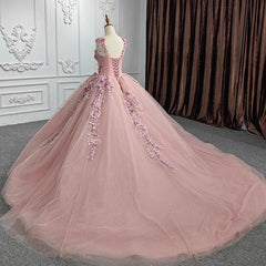 Misshow Ball Gown with Off-Shoulder Straps & 3D Floral Lace Appliques Rose Pink Tulle Quinceanera Dress for Sweet 16