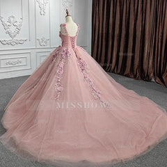 Misshow Ball Gown with Off-Shoulder Straps & 3D Floral Lace Appliques Rose Pink Tulle Quinceanera Dress for Sweet 16