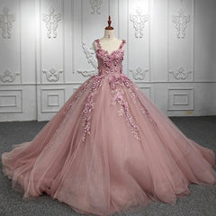 Misshow Ball Gown with Off-Shoulder Straps & 3D Floral Lace Appliques Rose Pink Tulle Quinceanera Dress for Sweet 16