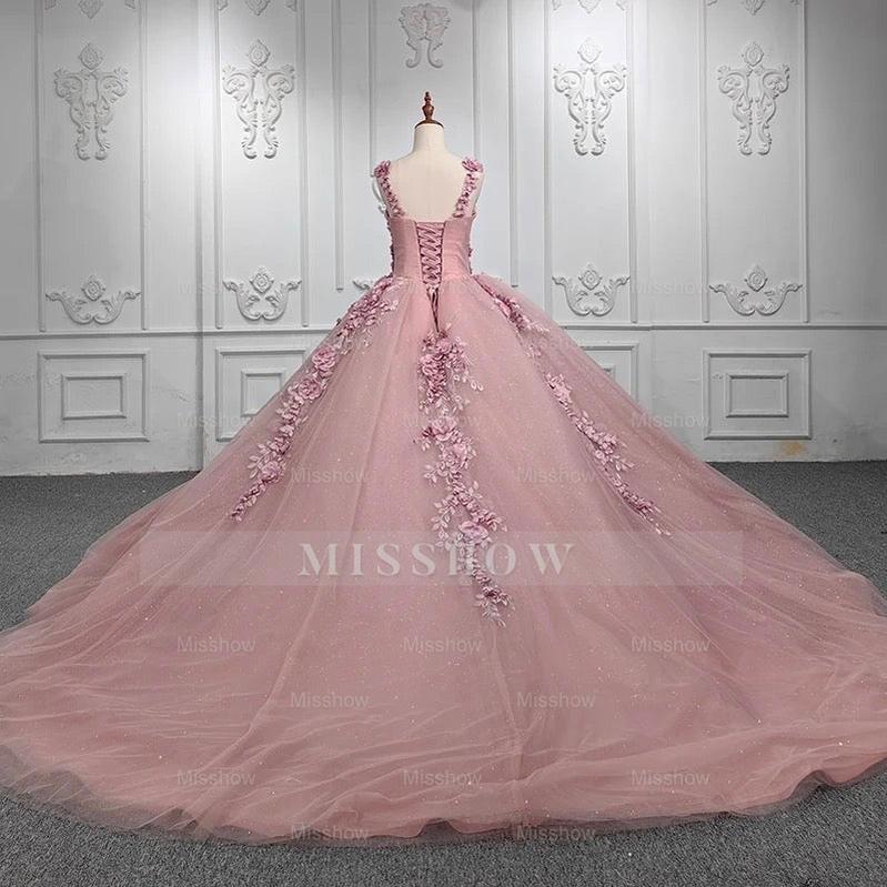 Misshow Ball Gown with Off-Shoulder Straps & 3D Floral Lace Appliques Rose Pink Tulle Quinceanera Dress for Sweet 16