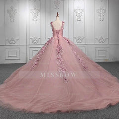 Misshow Ball Gown with Off-Shoulder Straps & 3D Floral Lace Appliques Rose Pink Tulle Quinceanera Dress for Sweet 16