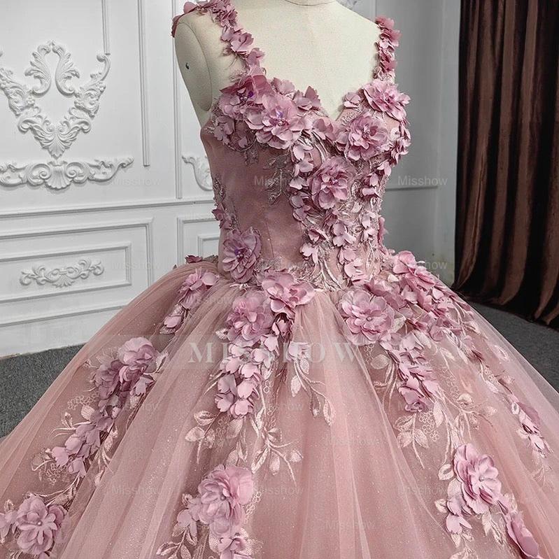 Misshow Ball Gown with Off-Shoulder Straps & 3D Floral Lace Appliques Rose Pink Tulle Quinceanera Dress for Sweet 16