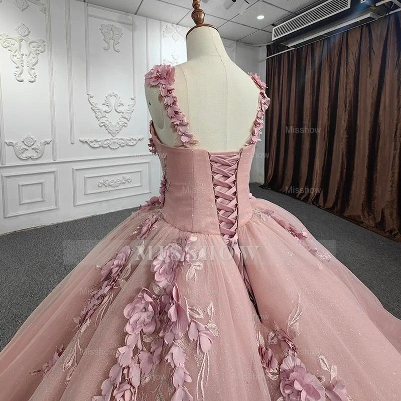 Misshow Ball Gown with Off-Shoulder Straps & 3D Floral Lace Appliques Rose Pink Tulle Quinceanera Dress for Sweet 16