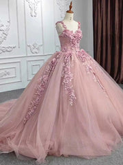 Misshow Ball Gown with Off-Shoulder Straps & 3D Floral Lace Appliques Rose Pink Tulle Quinceanera Dress for Sweet 16