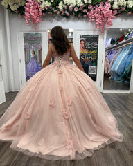 Misshow Ball Gown with Sweetheart Neckline Floral Lace Appliques & Beaded Details Pink Tulle Quinceanera Dress for Sweet 16 & Birthday Parties