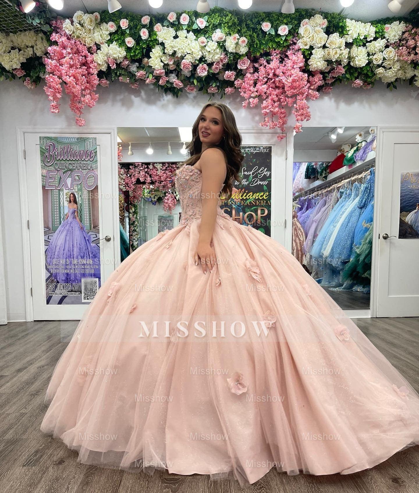 Misshow Ball Gown with Sweetheart Neckline Floral Lace Appliques & Beaded Details Pink Tulle Quinceanera Dress for Sweet 16 & Birthday Parties