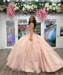 Misshow Ball Gown with Sweetheart Neckline Floral Lace Appliques & Beaded Details Pink Tulle Quinceanera Dress for Sweet 16 & Birthday Parties