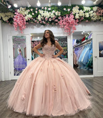 Misshow Ball Gown with Sweetheart Neckline Floral Lace Appliques & Beaded Details Pink Tulle Quinceanera Dress for Sweet 16 & Birthday Parties