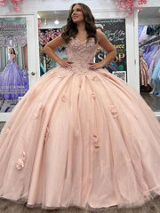 Misshow Ball Gown with Sweetheart Neckline Floral Lace Appliques & Beaded Details Pink Tulle Quinceanera Dress for Sweet 16 & Birthday Parties