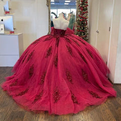 Misshow Ball Gown with Sweetheart Neckline Lace Appliques & Beaded Hot Pink Tulle Quinceanera Dress for Princess Parties & Sweet 16 Celebrations