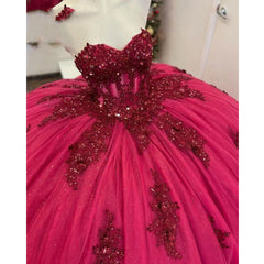 Misshow Ball Gown with Sweetheart Neckline Lace Appliques & Beaded Hot Pink Tulle Quinceanera Dress for Princess Parties & Sweet 16 Celebrations