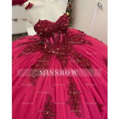 Misshow Ball Gown with Sweetheart Neckline Lace Appliques & Beaded Hot Pink Tulle Quinceanera Dress for Princess Parties & Sweet 16 Celebrations