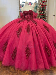 Misshow Ball Gown with Sweetheart Neckline Lace Appliques & Beaded Hot Pink Tulle Quinceanera Dress for Princess Parties & Sweet 16 Celebrations