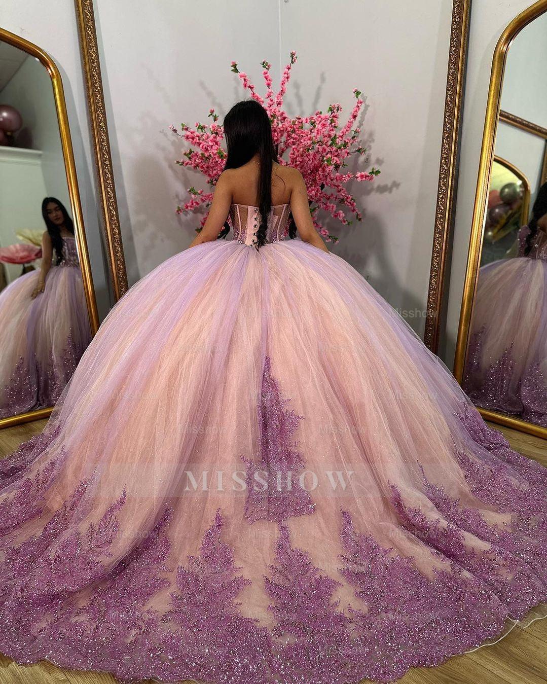 Misshow Ball Gown with Sweetheart Neckline & Lace Appliques Princess Formal Evening Party Dress for Quinceanera & Sweet 16