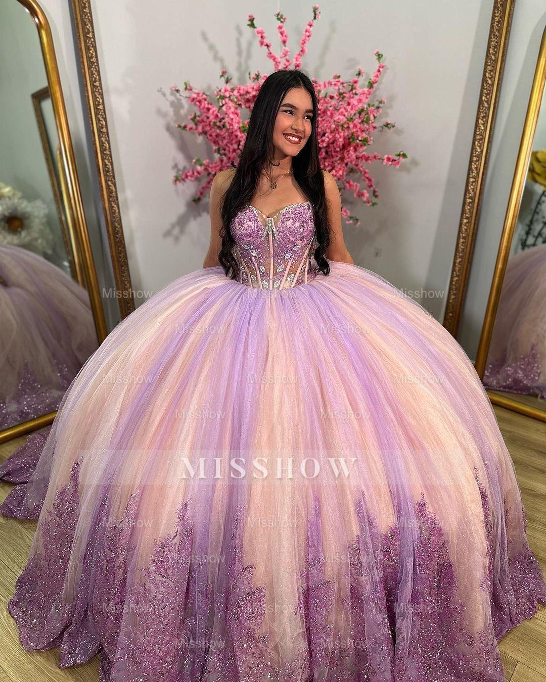 Misshow Ball Gown with Sweetheart Neckline & Lace Appliques Princess Formal Evening Party Dress for Quinceanera & Sweet 16
