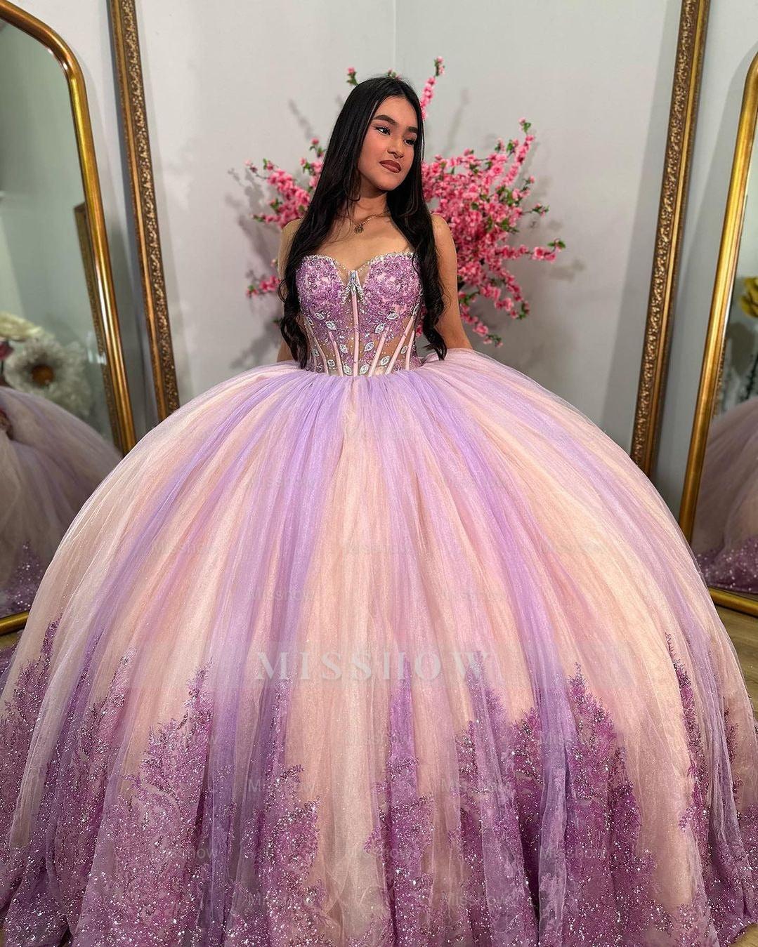 Misshow Ball Gown with Sweetheart Neckline & Lace Appliques Princess Formal Evening Party Dress for Quinceanera & Sweet 16