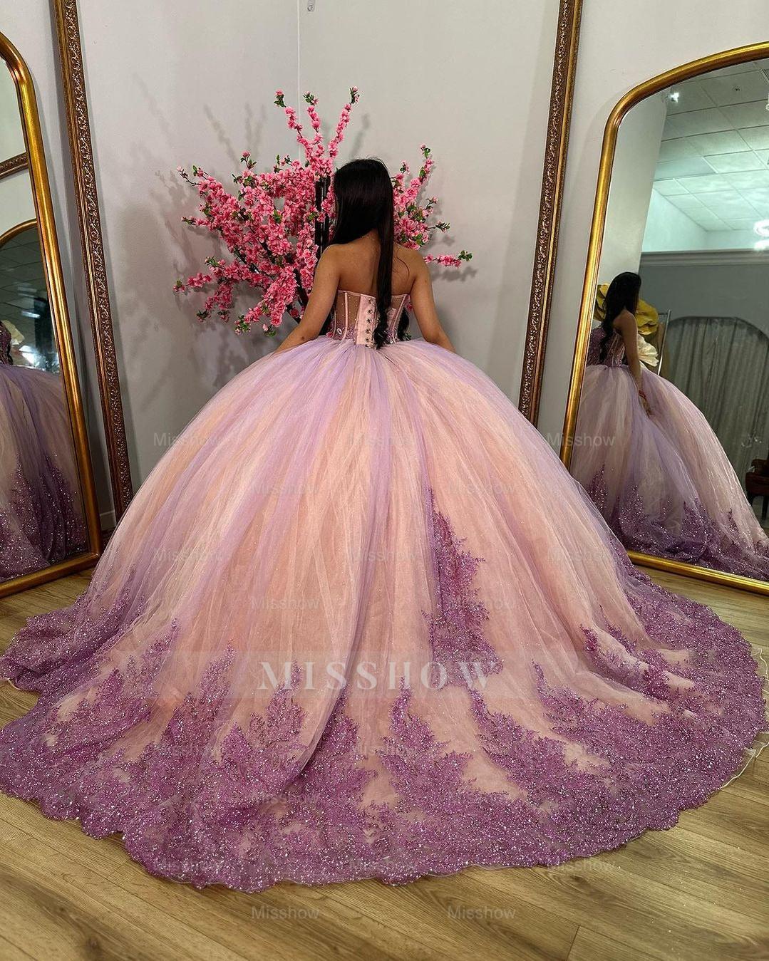 Misshow Ball Gown with Sweetheart Neckline & Lace Appliques Princess Formal Evening Party Dress for Quinceanera & Sweet 16