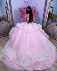 Misshow Ball Gown with Sweetheart Neckline Lace Flower Appliques Tiered Ruffles and Pink Tulle for Quinceanera Sweet 16 & Formal Evenings