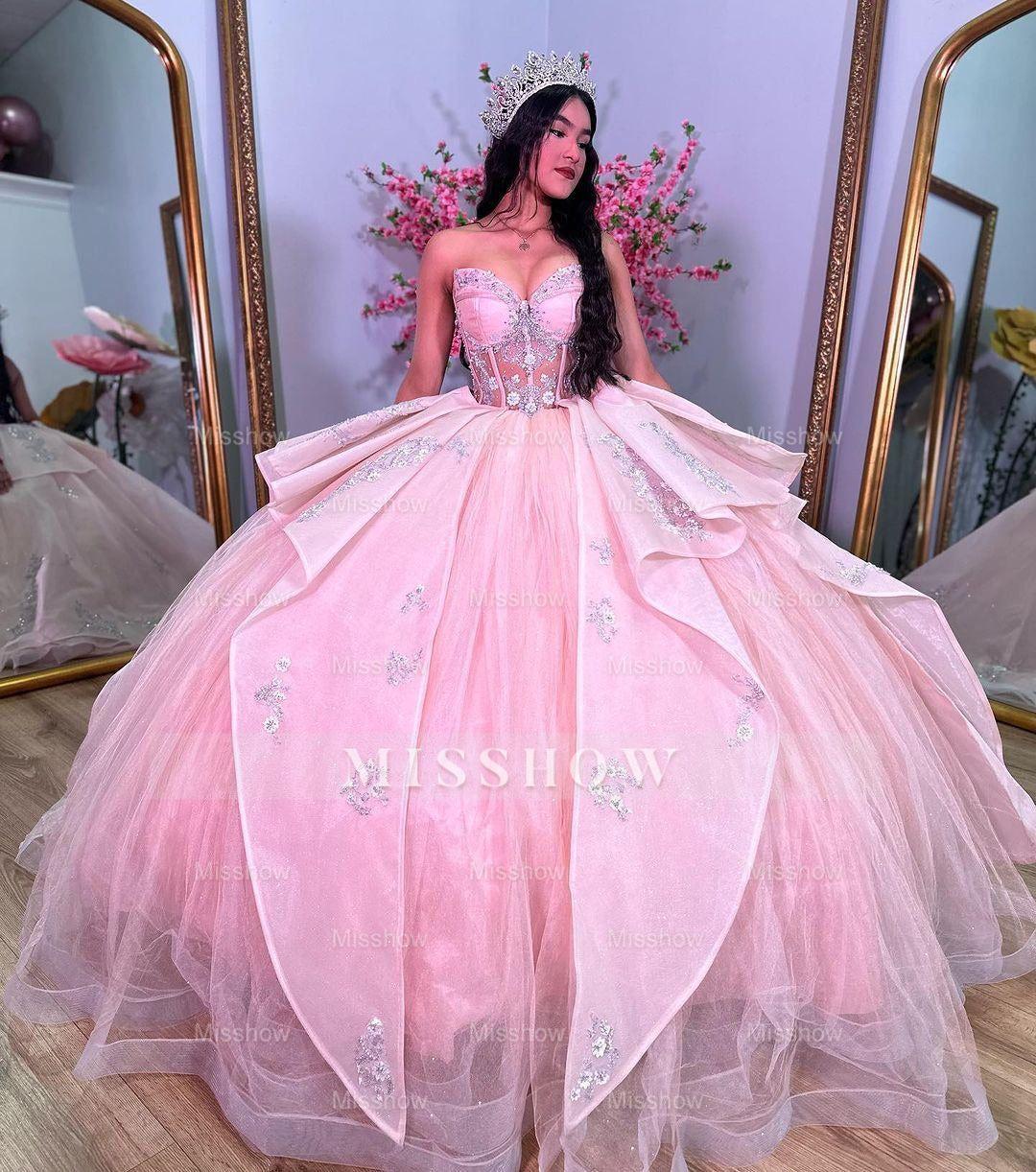 Misshow Ball Gown with Sweetheart Neckline Lace Flower Appliques Tiered Ruffles and Pink Tulle for Quinceanera Sweet 16 & Formal Evenings