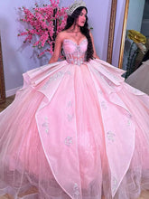 Misshow Ball Gown with Sweetheart Neckline Lace Flower Appliques Tiered Ruffles and Pink Tulle for Quinceanera Sweet 16 & Formal Evenings